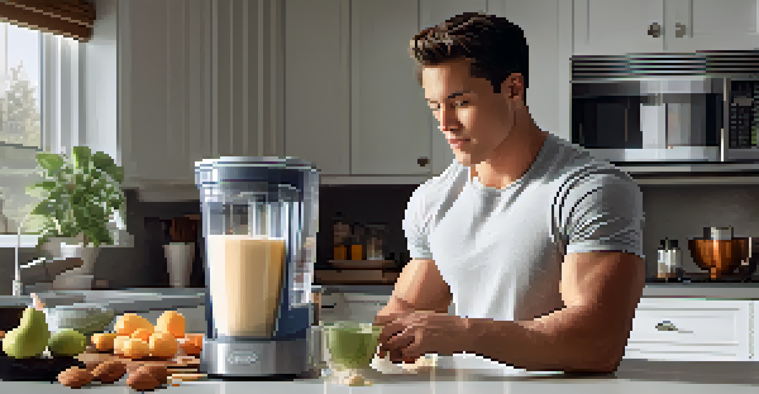 An athlete making a casein protein shake in a kitchen, with a blender and ingredients visible.