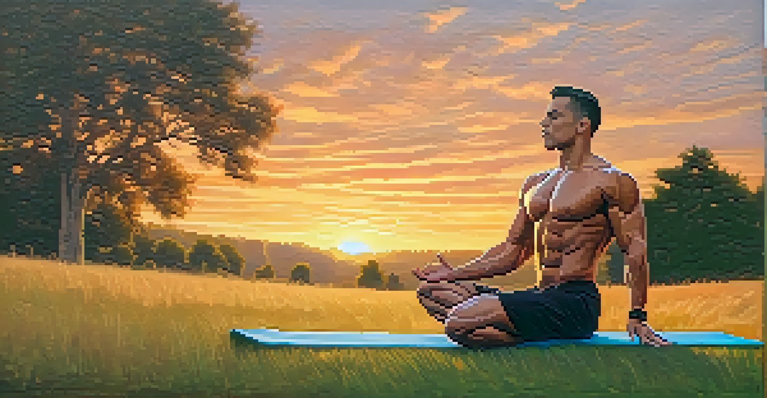 A bodybuilder practicing yoga on a grassy field during sunset, showcasing a calm expression and warm colors in the sky.