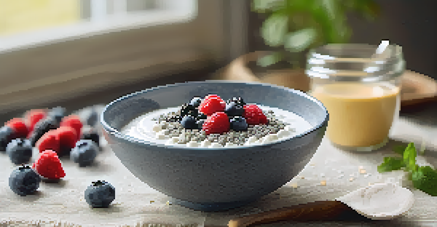 A smoothie bowl topped with Greek yogurt, fresh berries, and chia seeds, placed on a textured cloth with a wooden spoon.