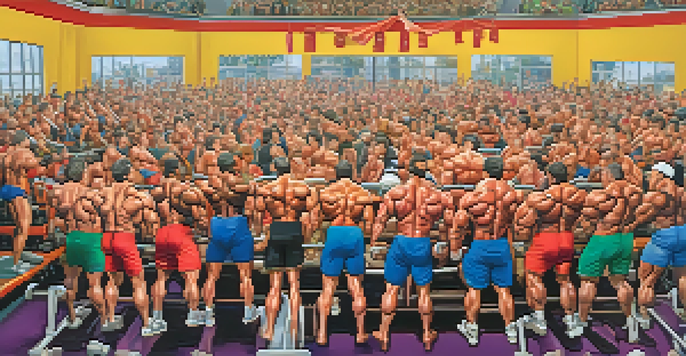 A lively gym atmosphere where bodybuilders are competing in a charity lifting event, surrounded by cheering spectators and colorful charity banners.