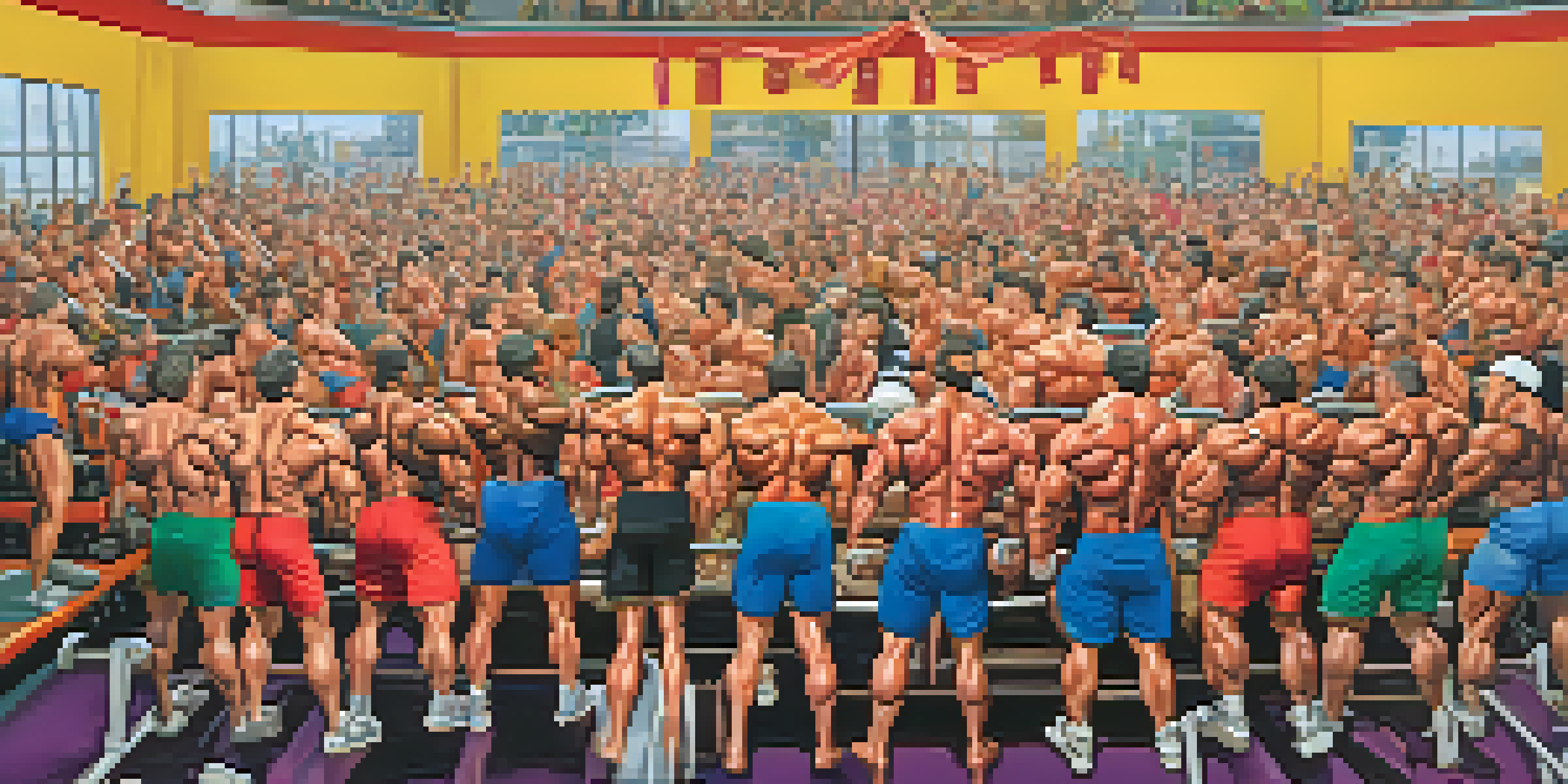 A lively gym atmosphere where bodybuilders are competing in a charity lifting event, surrounded by cheering spectators and colorful charity banners.