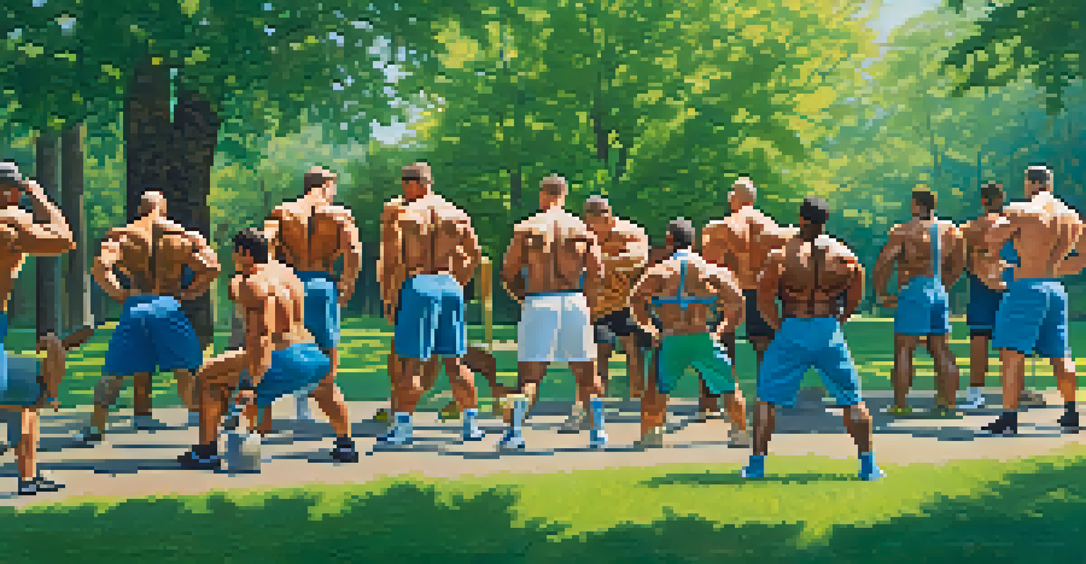 A group of bodybuilders exercising together in a park, promoting teamwork and motivation.