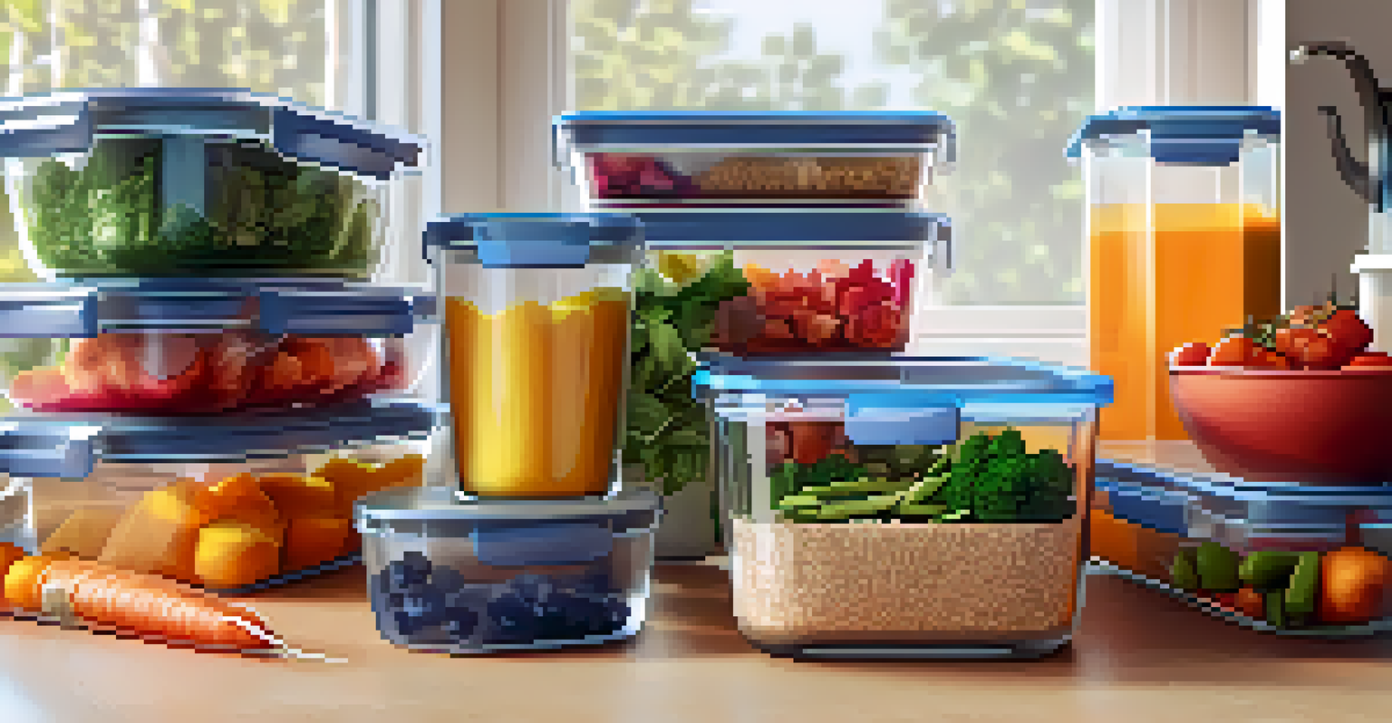 A colorful meal prep setup with nutritious foods arranged in containers on a countertop.
