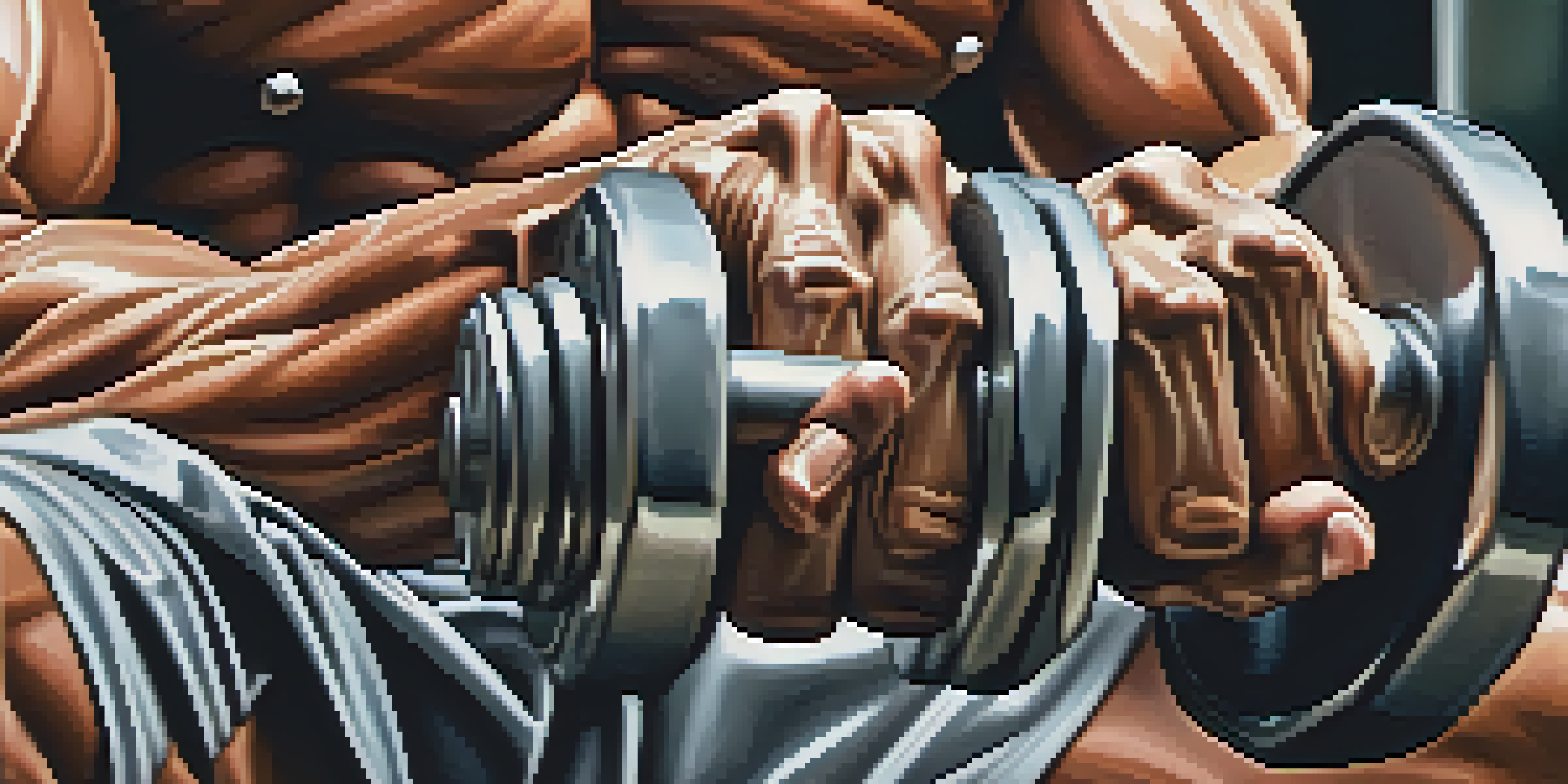 A close-up of a bodybuilder's hands gripping a dumbbell, showcasing muscular forearms and the texture of the weights.