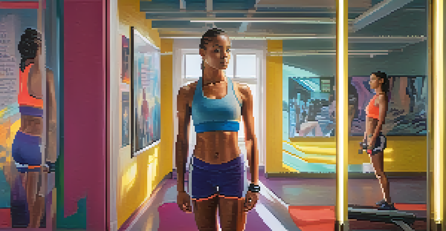 A female athlete in workout attire confidently reciting affirmations in front of a mirror, embodying empowerment in a bright gym setting.