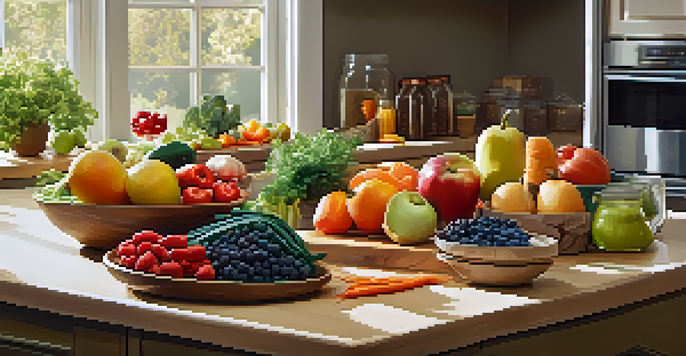 A kitchen countertop filled with fresh fruits, vegetables, protein sources, and whole grains, illuminated by bright natural light.