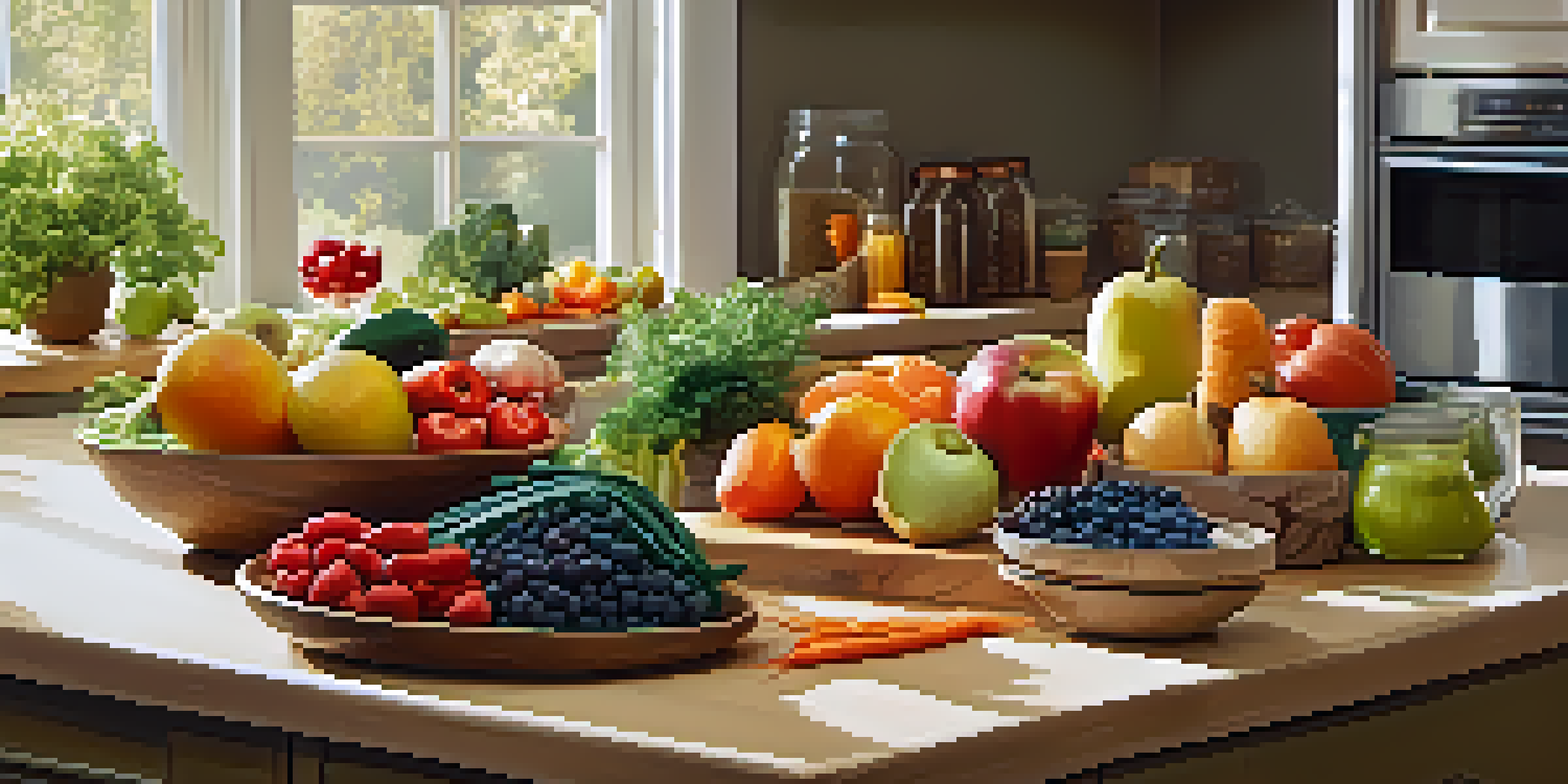 A kitchen countertop filled with fresh fruits, vegetables, protein sources, and whole grains, illuminated by bright natural light.