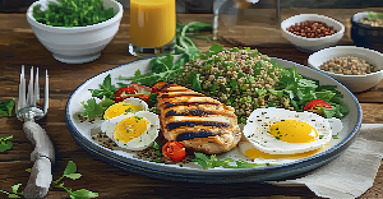 A colorful plate of grilled chicken, eggs, and quinoa salad on a wooden table, with fresh herbs and natural lighting.