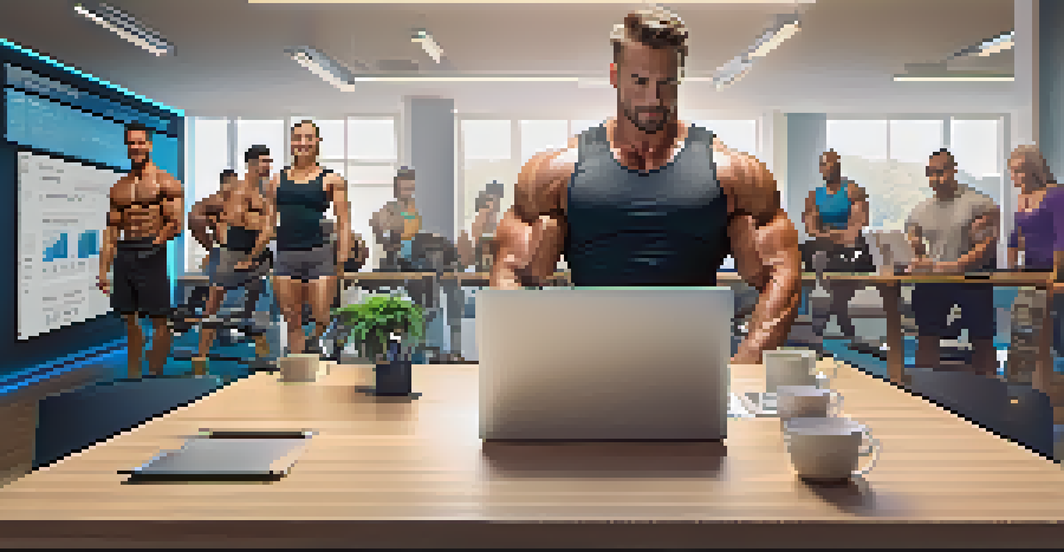 A bodybuilder interacting with an online fitness community on a computer, with a modern desk and motivational quotes in the background.