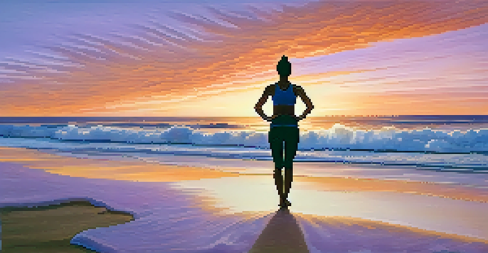 A person meditating on a beach during sunset, surrounded by soft sand and gentle waves, with a colorful sky.