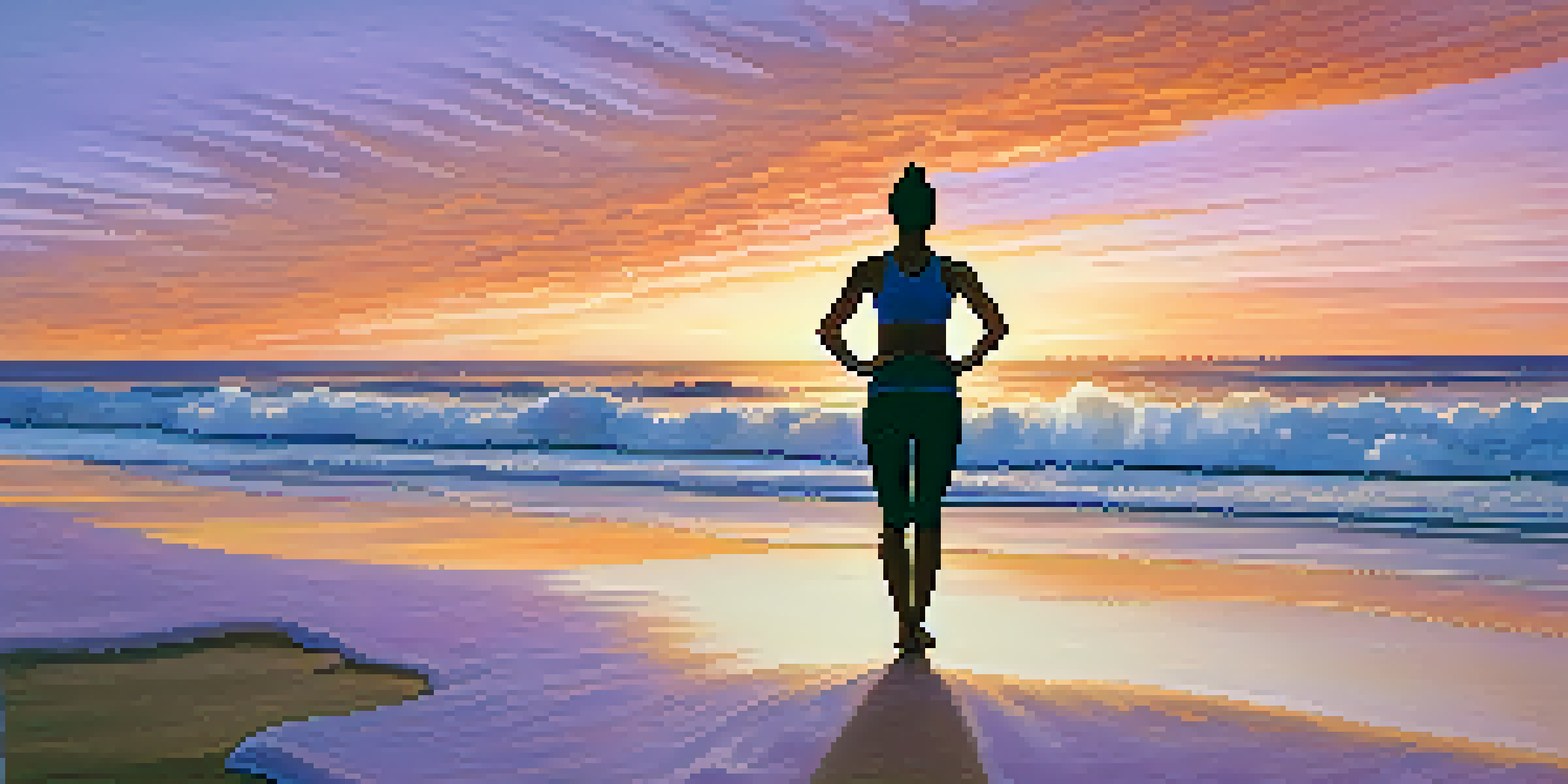 A person meditating on a beach during sunset, surrounded by soft sand and gentle waves, with a colorful sky.