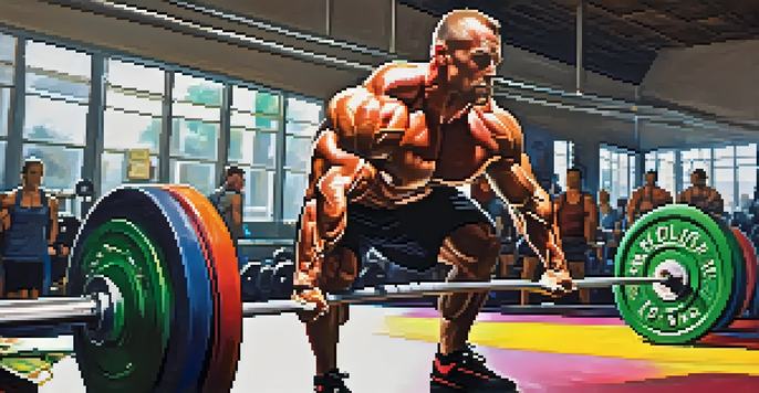 A bodybuilder concentrating while performing a deadlift in a brightly colored gym.