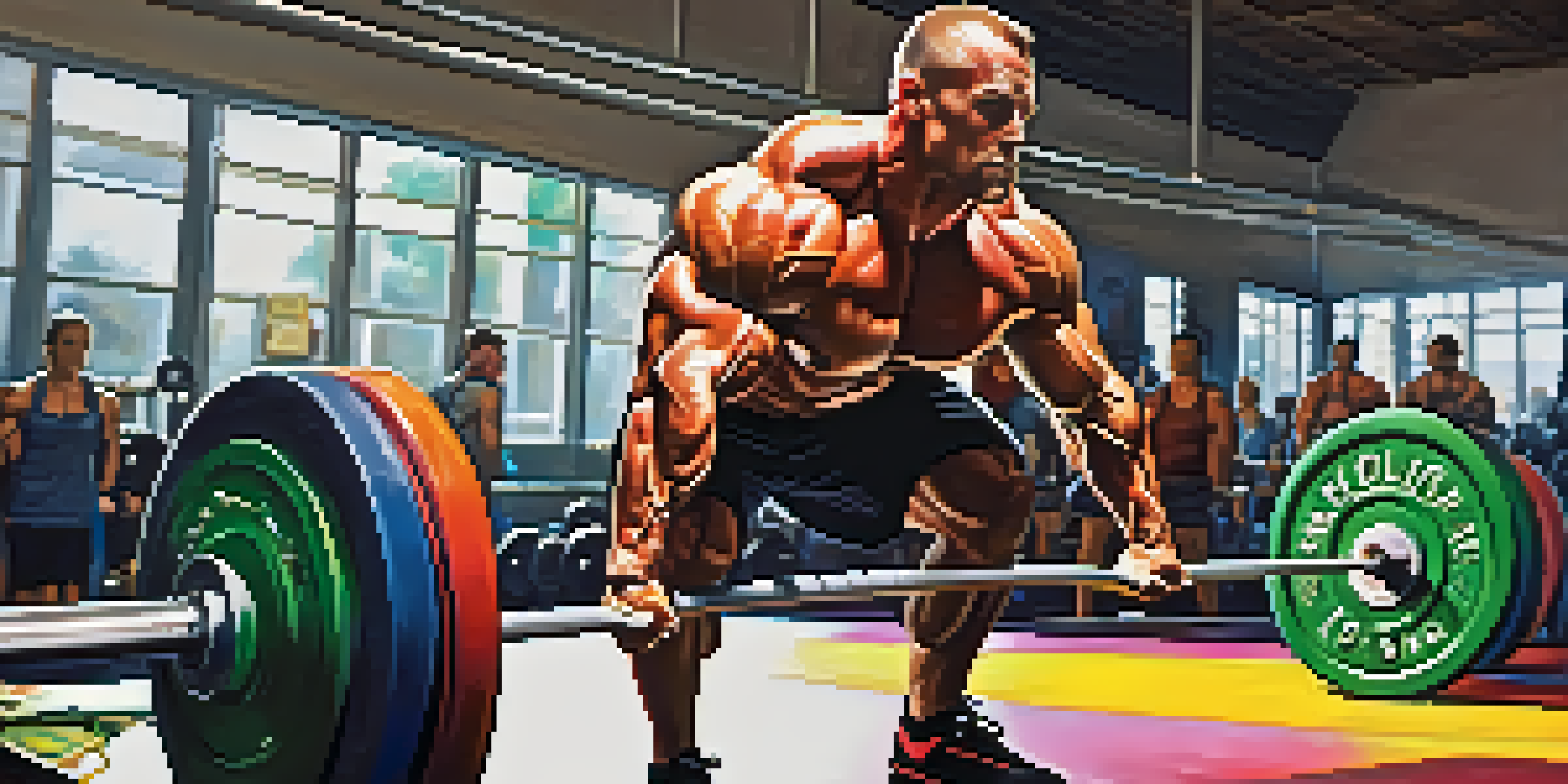 A bodybuilder concentrating while performing a deadlift in a brightly colored gym.