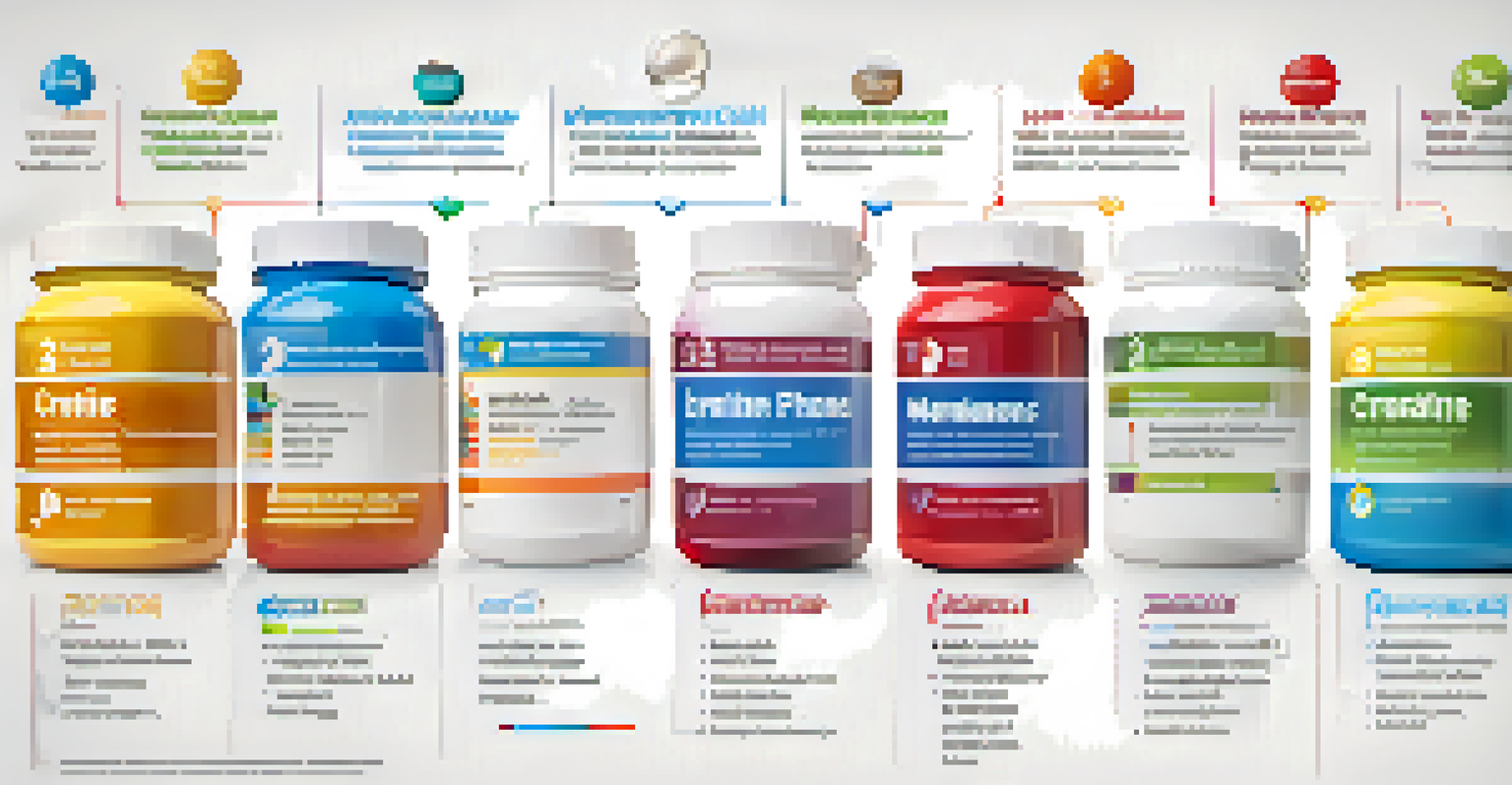 An infographic detailing the timeline and tips for creatine supplementation, with colorful icons.