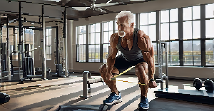 An older bodybuilder using resistance bands in a bright gym, demonstrating focus and adaptability.