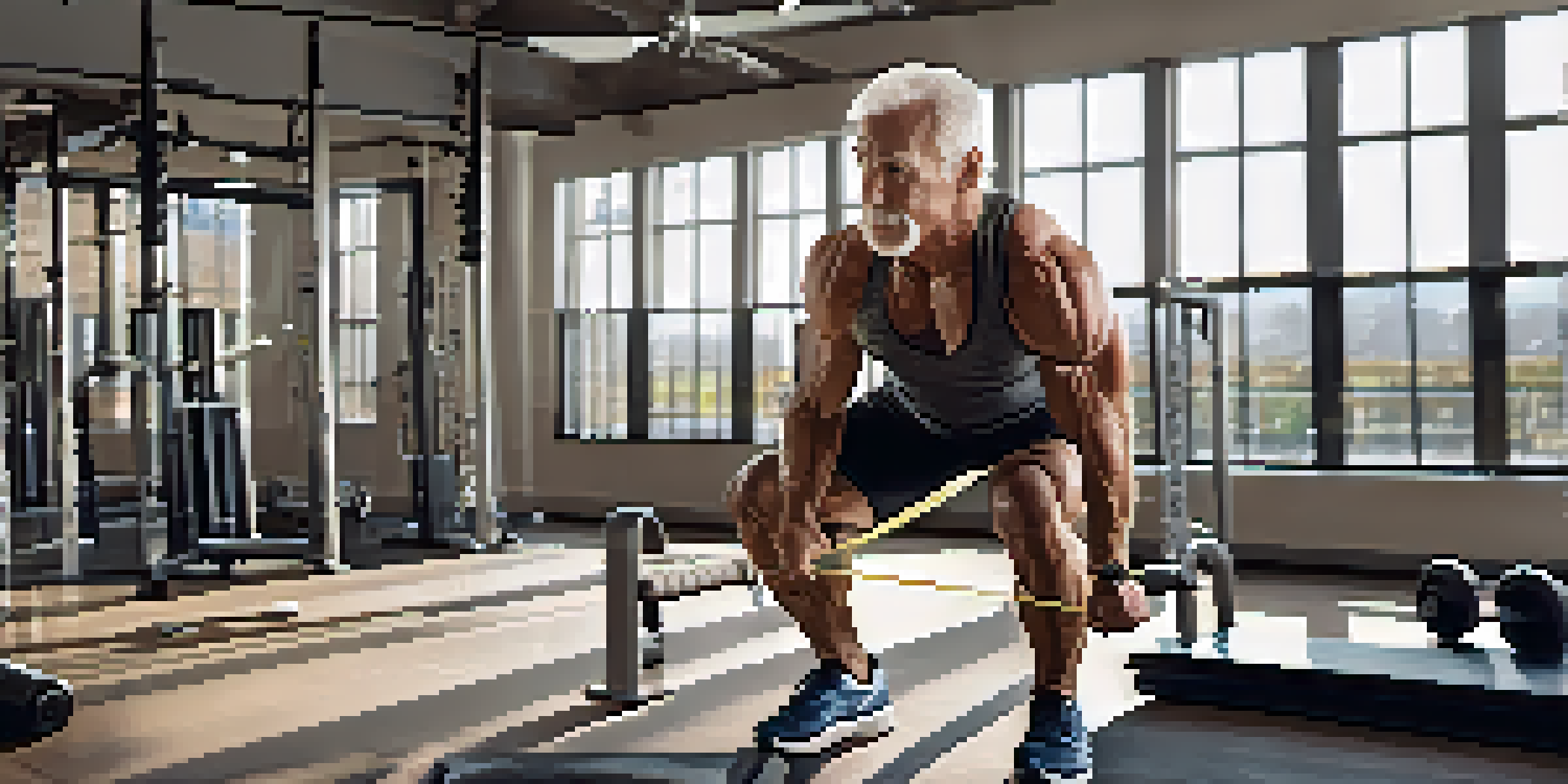 An older bodybuilder using resistance bands in a bright gym, demonstrating focus and adaptability.