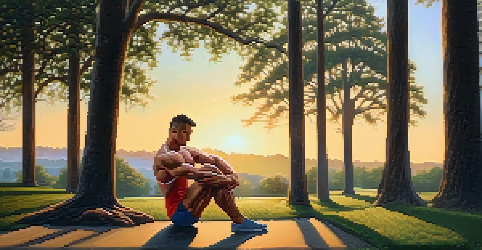 A bodybuilder stretching in a park at sunrise, with warm light and a peaceful natural setting.