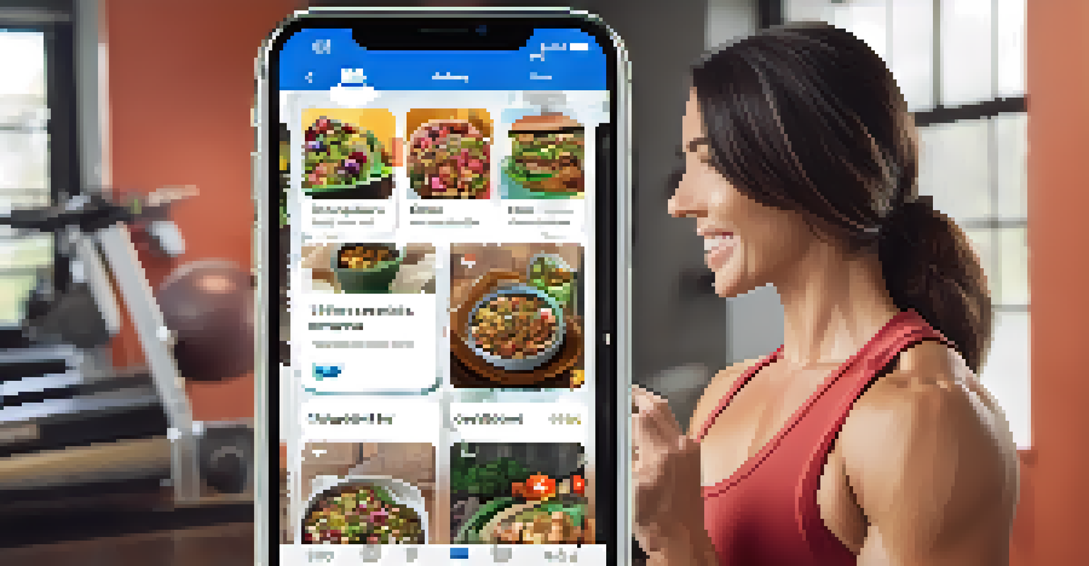 A smartphone displaying a colorful social media feed with bodybuilding posts, including workouts and nutrition tips.