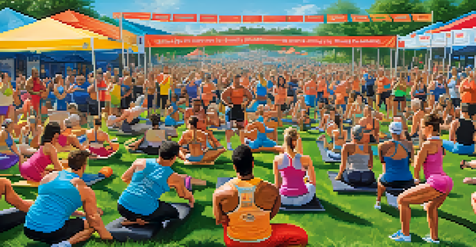 A lively charity workout event with a diverse group of fitness enthusiasts exercising together outdoors on a sunny day.