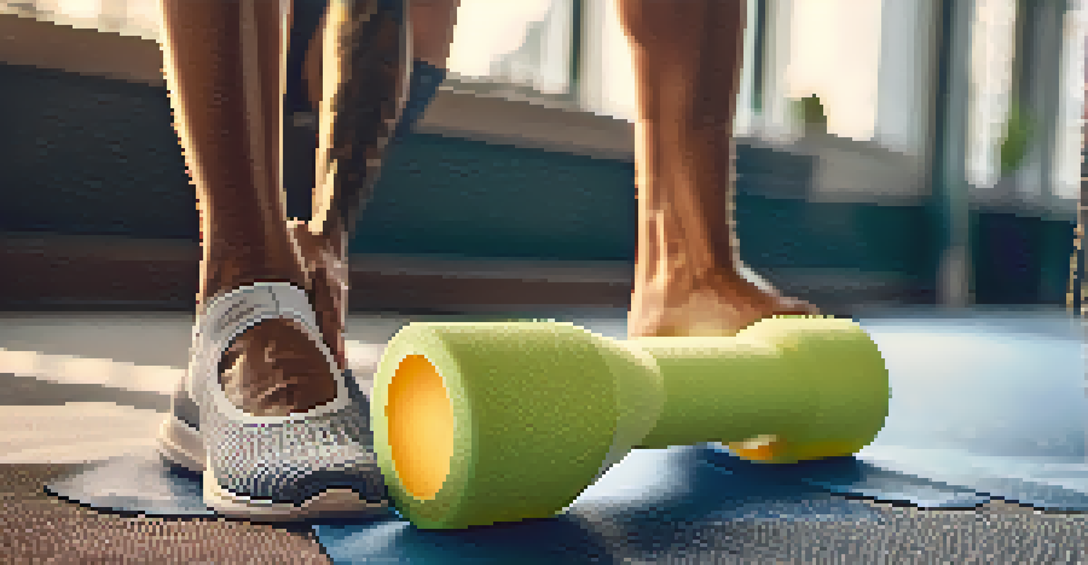 A close-up of a person using a foam roller on their legs after exercise, highlighting the texture of the roller and the person's muscles.