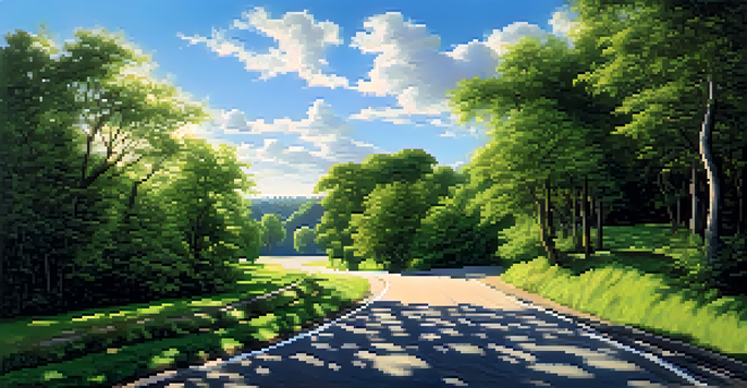 A tranquil scene of a winding road surrounded by green trees under a blue sky, representing a journey.