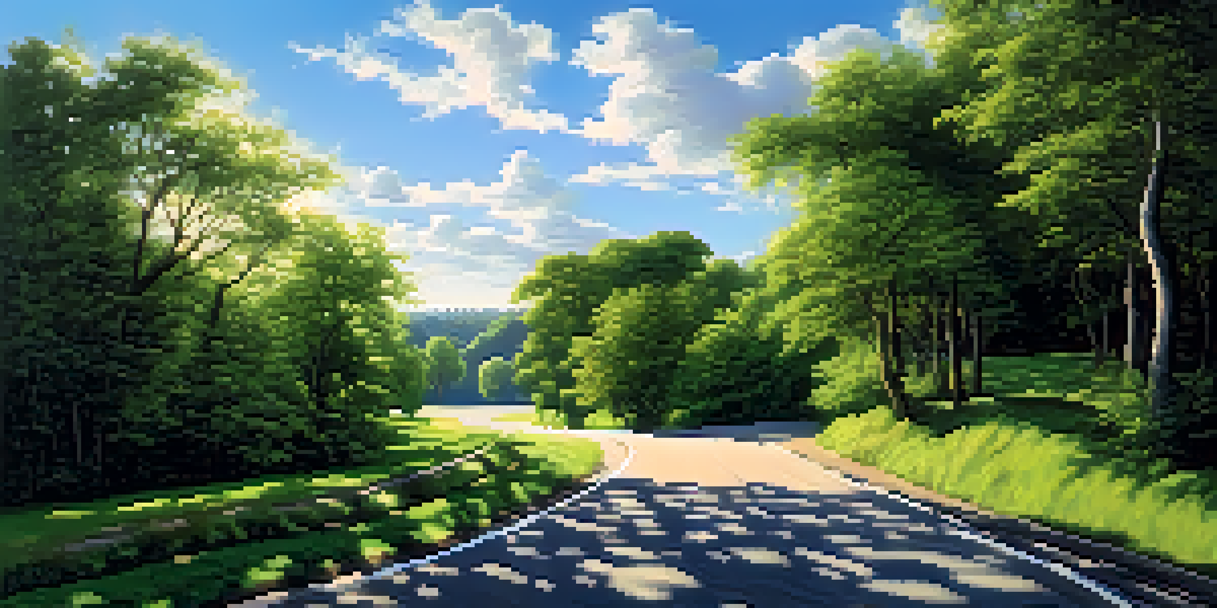 A tranquil scene of a winding road surrounded by green trees under a blue sky, representing a journey.