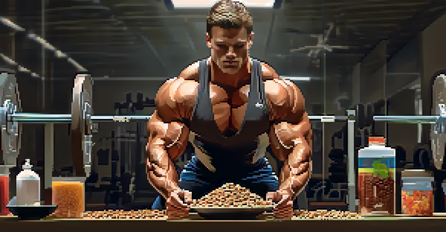 A bodybuilder lifting weights in a gym, with a water bottle and a bowl of mixed nuts and berries nearby, under warm lighting.