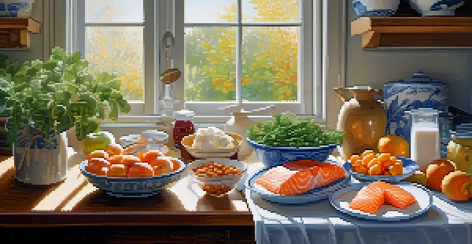 A bright kitchen with a wooden table displaying fresh salmon, Greek yogurt, legumes, and fruits, illuminated by sunlight.