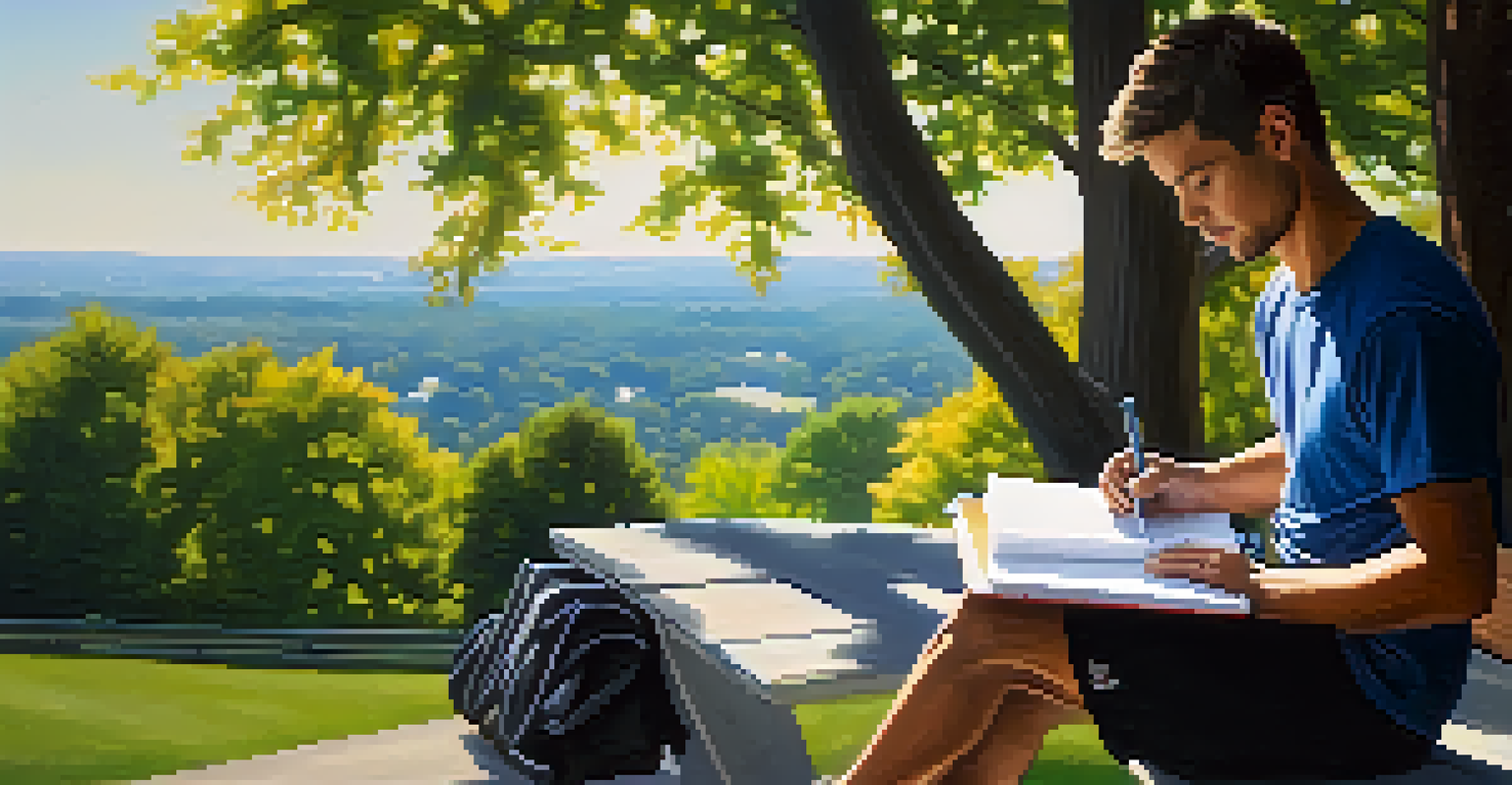 A person journaling their fitness progress outdoors, surrounded by trees and a clear sky.