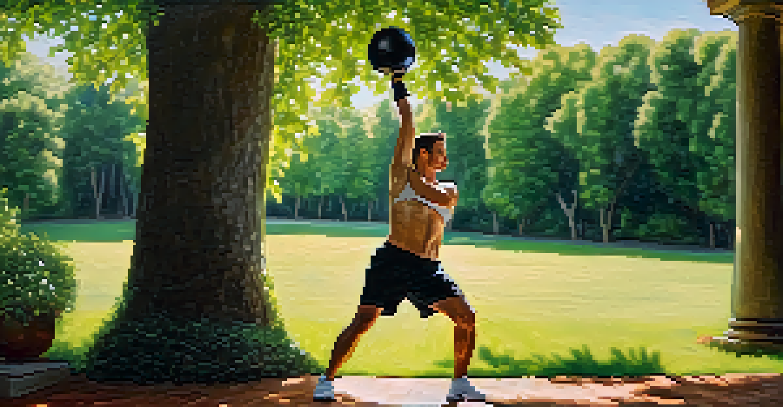 A person swinging a kettlebell outdoors amidst greenery, demonstrating dynamic movement and focus with sunlight enhancing the scene.