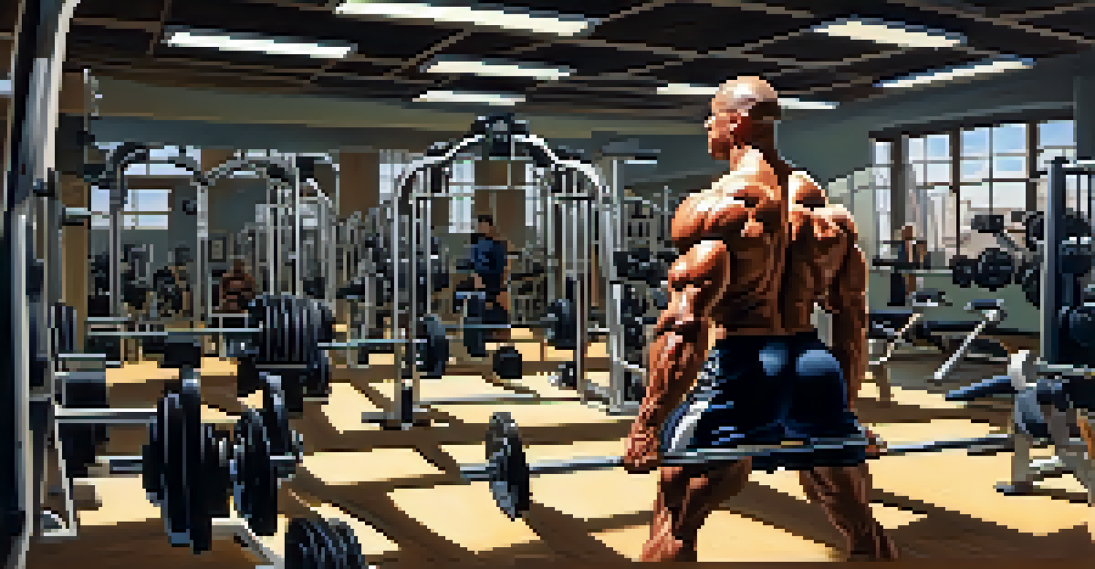 A bodybuilder lifting weights in a gym with dramatic lighting.