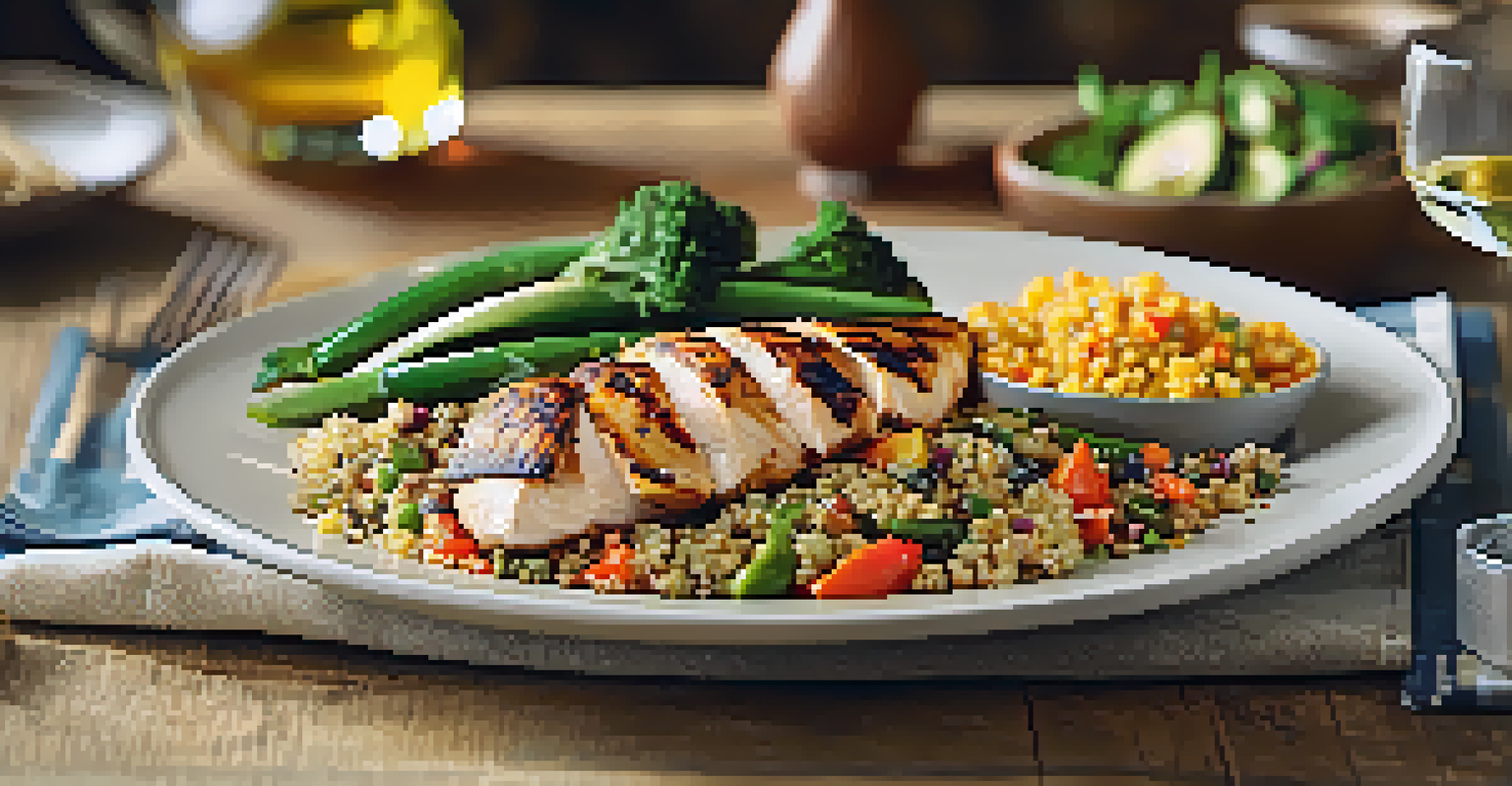 A close-up of a nutritious post-workout meal plate with grilled chicken, quinoa, and colorful vegetables, set on a rustic dining table.