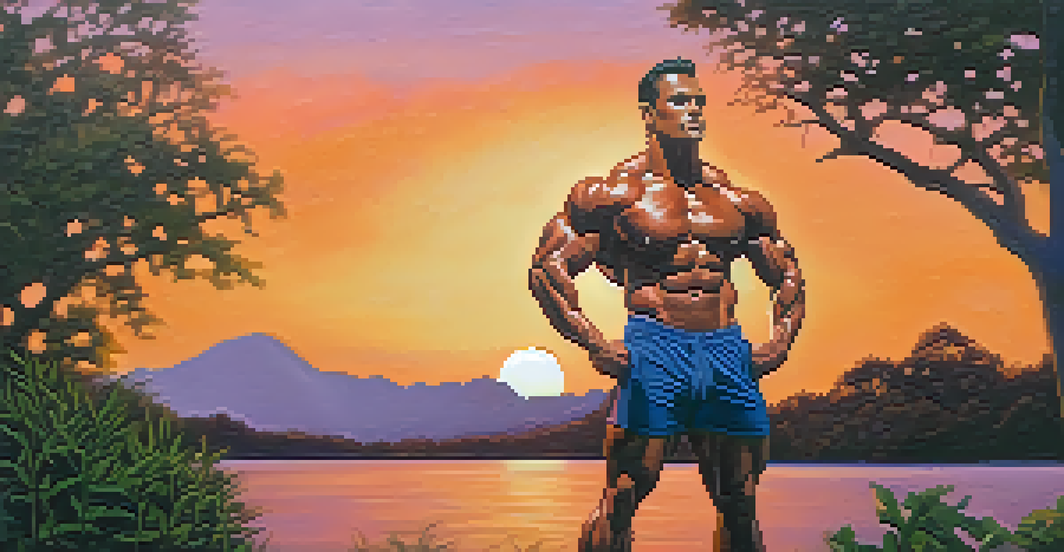 A bodybuilder posing outdoors at sunset, displaying a well-defined physique against a colorful sky and green trees.