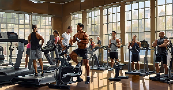 A diverse group of people working out in a bright gym, showing determination and camaraderie in their bodybuilding journey.