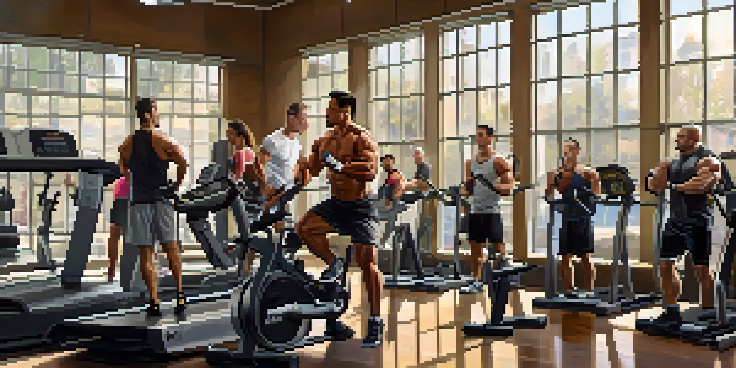 A diverse group of people working out in a bright gym, showing determination and camaraderie in their bodybuilding journey.
