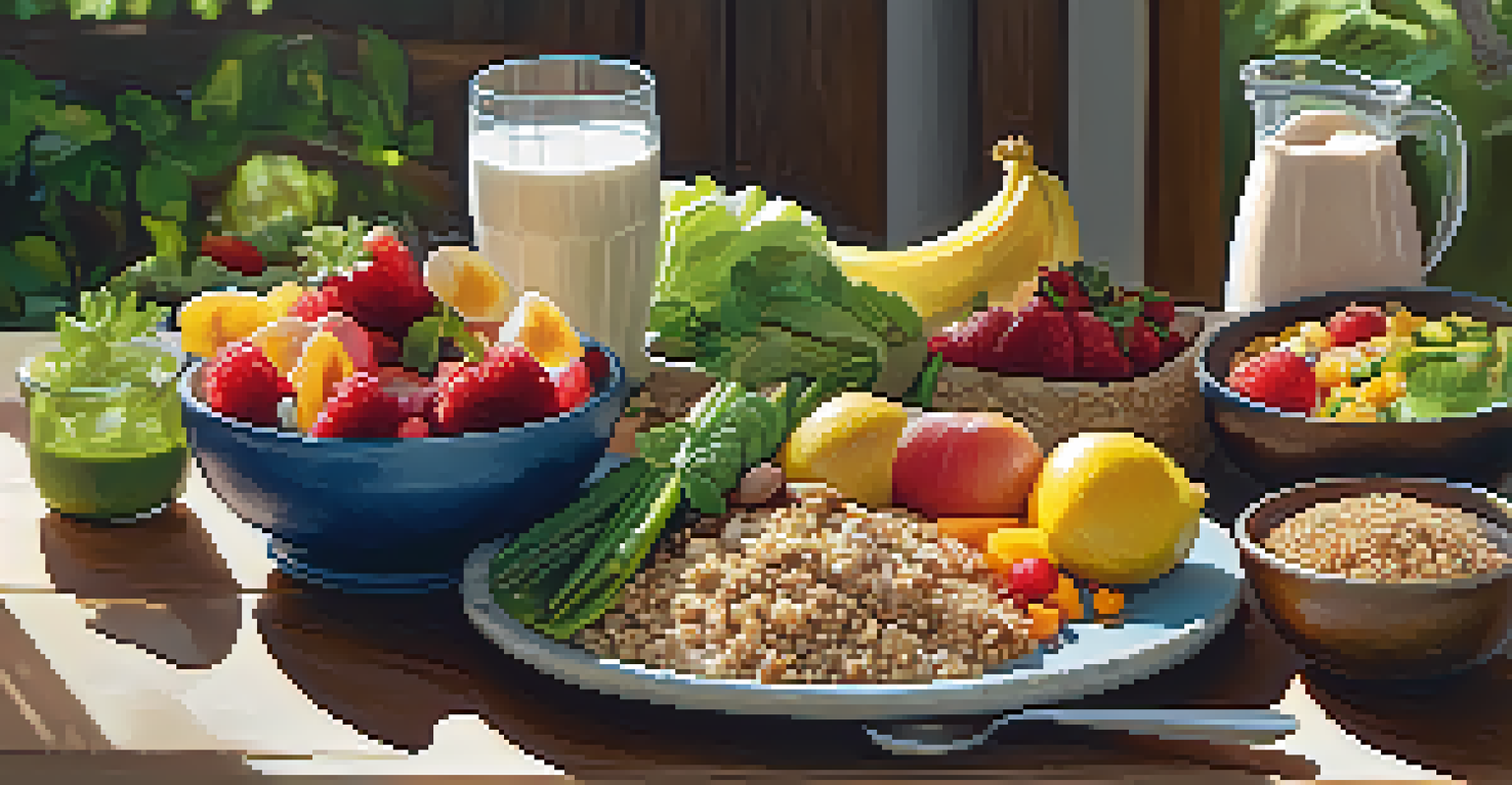 A colorful array of healthy foods including grilled chicken, quinoa, and a smoothie bowl on a wooden table.