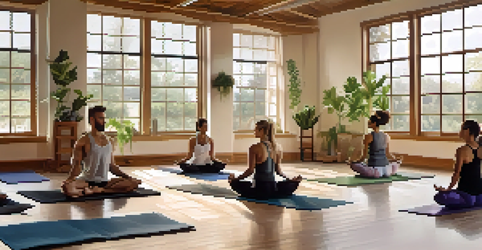 A group of bodybuilders practicing yoga in a bright studio with plants, demonstrating flexibility and strength.