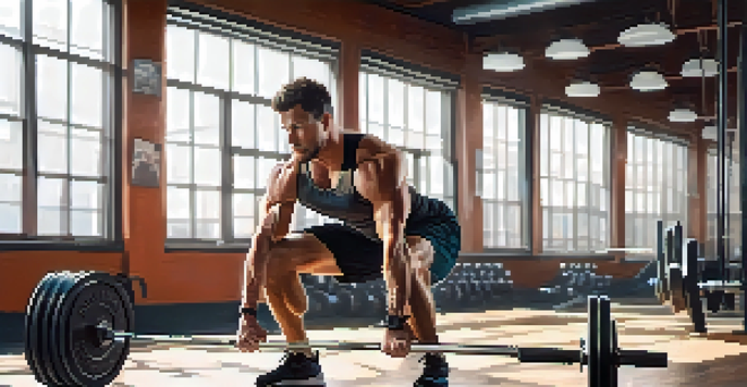 A bodybuilder in a gym performing a squat with light weights, emphasizing form and technique under natural light.