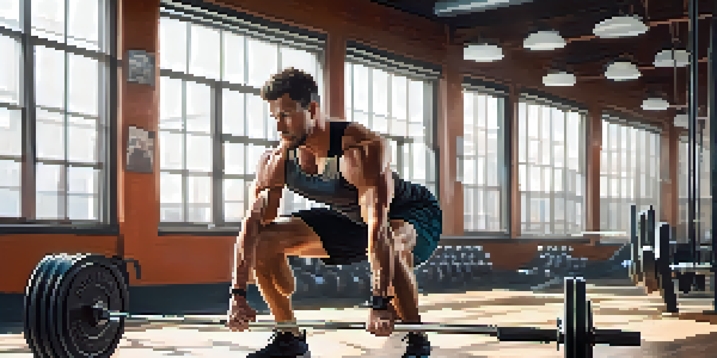 A bodybuilder in a gym performing a squat with light weights, emphasizing form and technique under natural light.