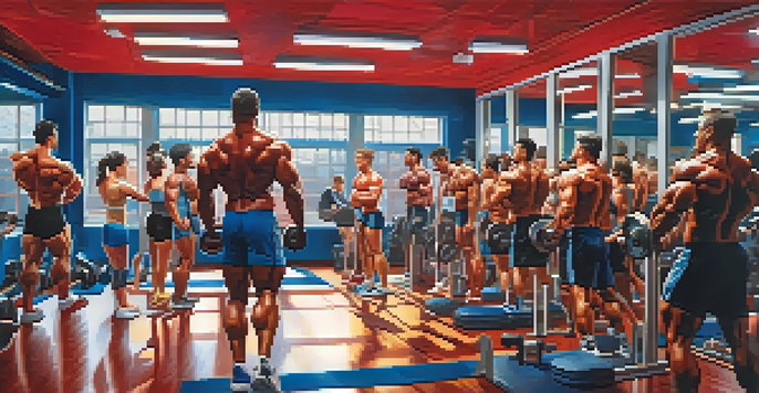 A colorful gym filled with diverse bodybuilders working out, surrounded by equipment and motivational posters.