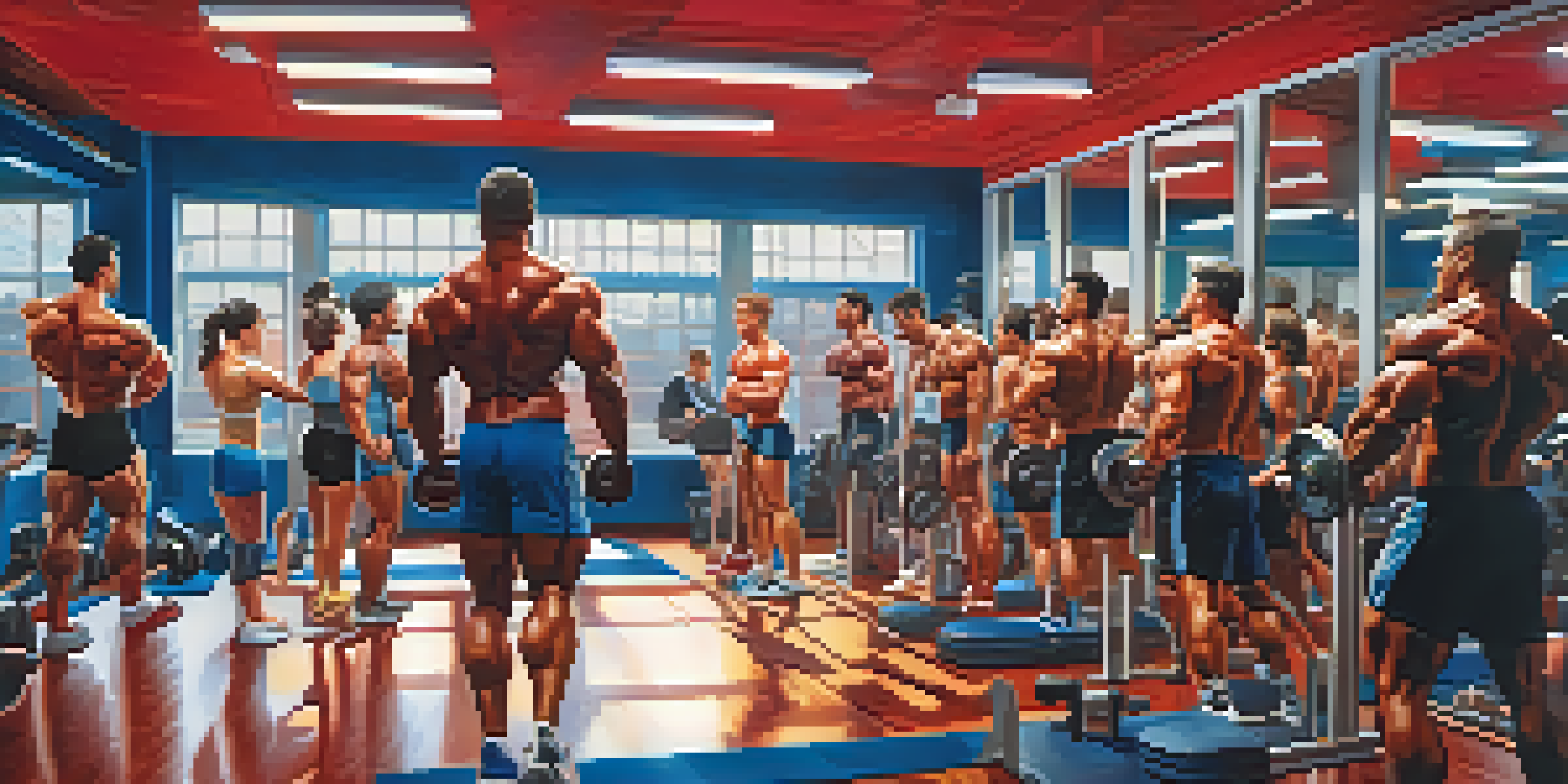 A colorful gym filled with diverse bodybuilders working out, surrounded by equipment and motivational posters.