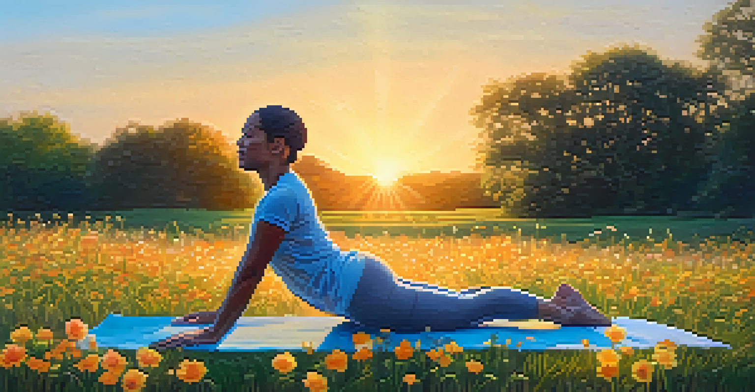 A person practicing light yoga outdoors in a grassy field during sunset, embodying the concept of active recovery.