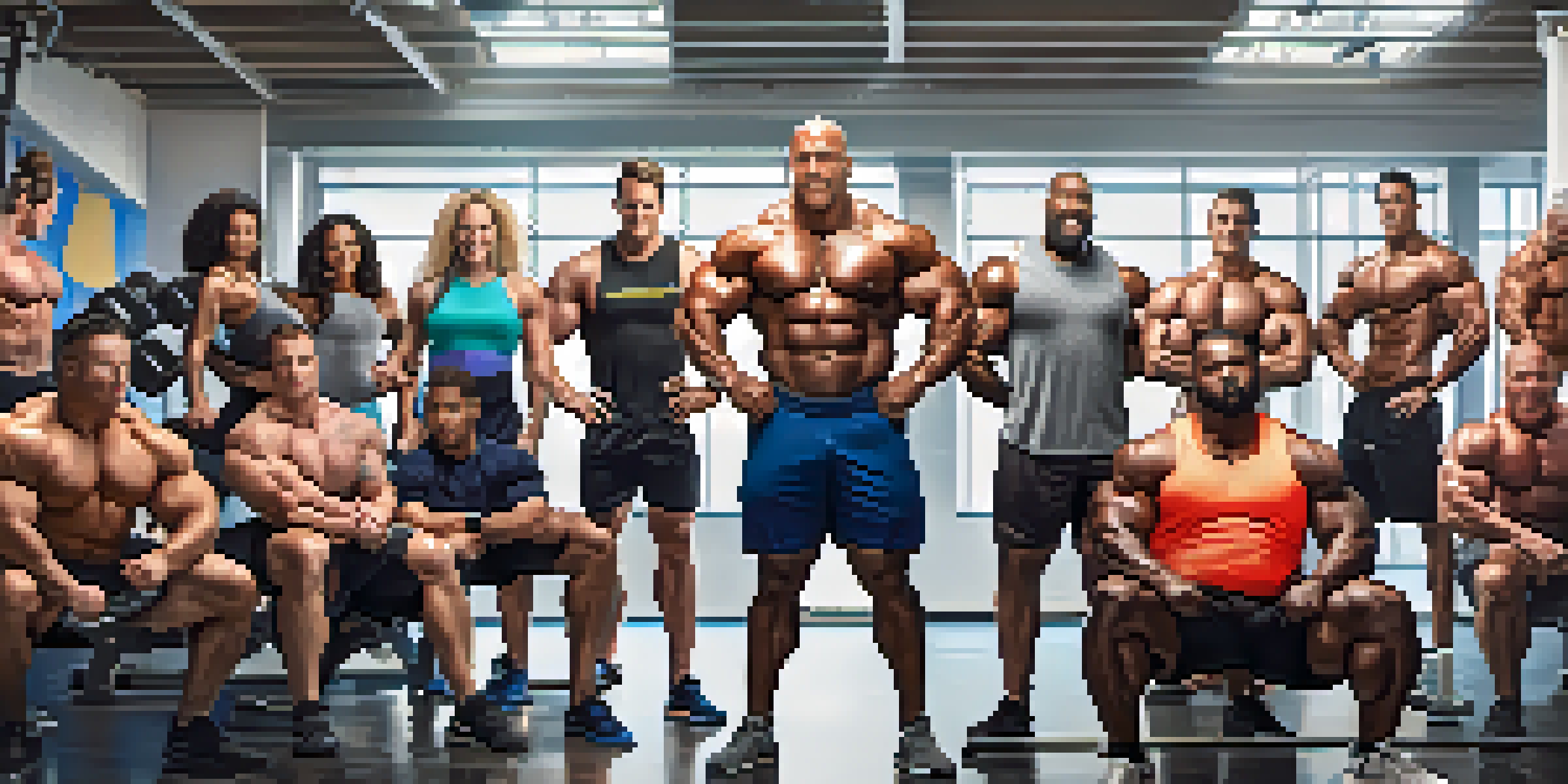 A diverse group of bodybuilders in a gym, showcasing different body types and exercising together.
