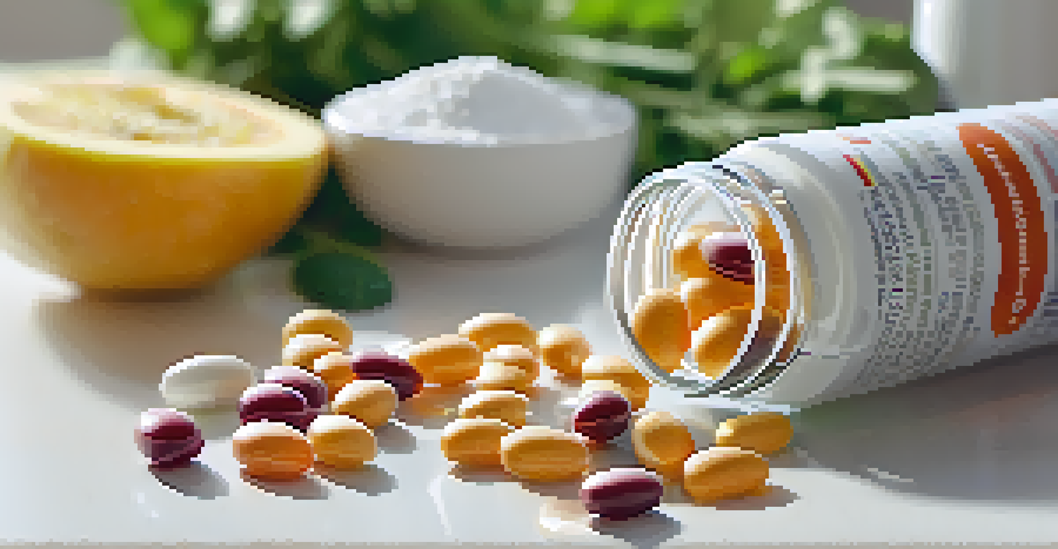 A close-up of an opened gluten-free multivitamin bottle with tablets spilled out, surrounded by healthy foods.