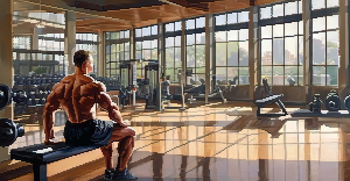 A bodybuilder sitting on a bench in a well-lit gym, taking a break with a towel over his shoulders, surrounded by gym equipment.