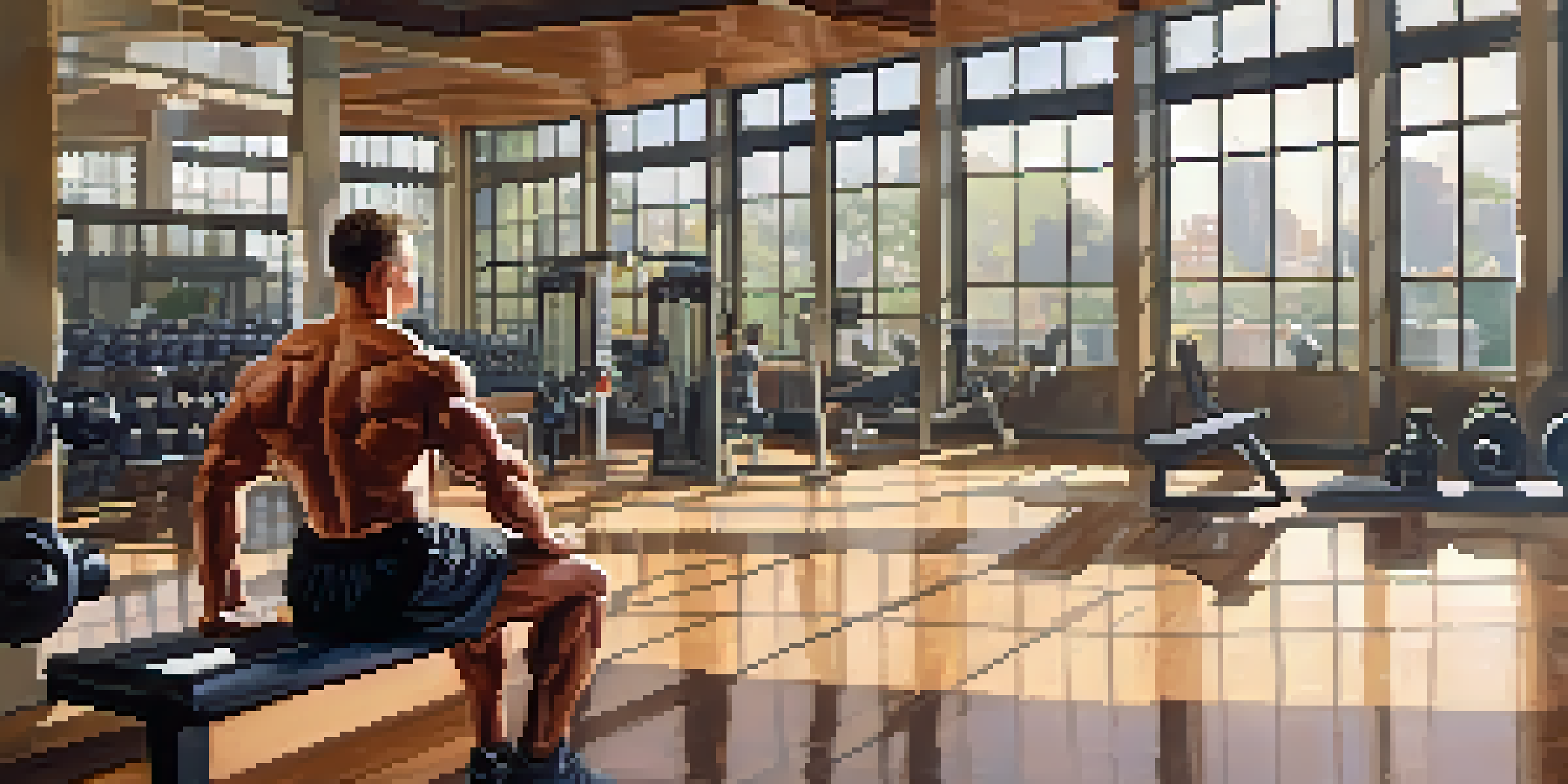 A bodybuilder sitting on a bench in a well-lit gym, taking a break with a towel over his shoulders, surrounded by gym equipment.