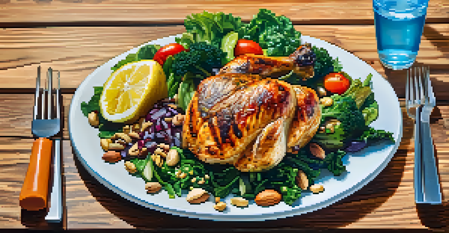 A close-up of a healthy meal featuring grilled chicken, quinoa, and various vegetables on a rustic table.