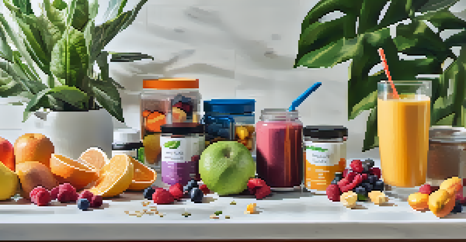 A kitchen counter with pre-workout supplements, a blender, and fresh fruits, creating a vibrant scene.