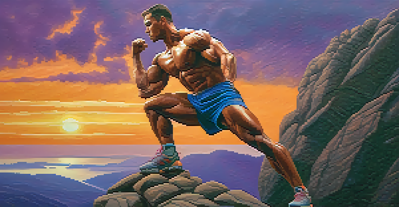 A bodybuilder striking a pose on a rocky cliff during sunset, with vibrant colors in the sky.