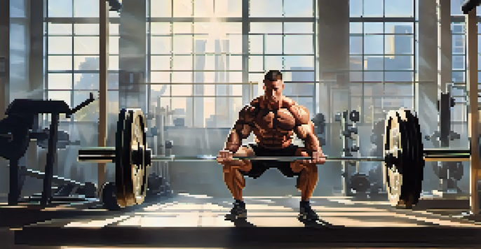 A bodybuilder lifting weights in a bright gym, displaying strong muscles and a determined expression.